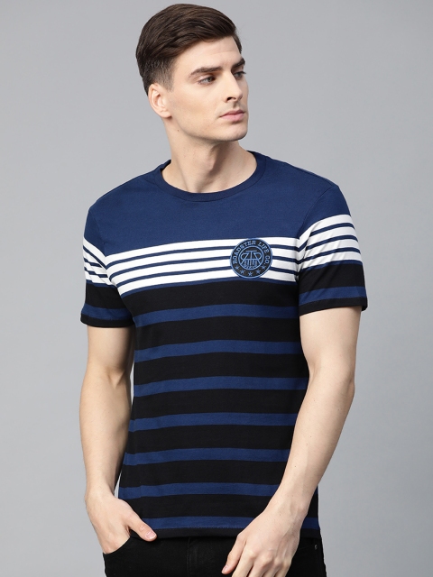 

Roadster Men Navy Blue & Black Striped Round Neck T-shirt