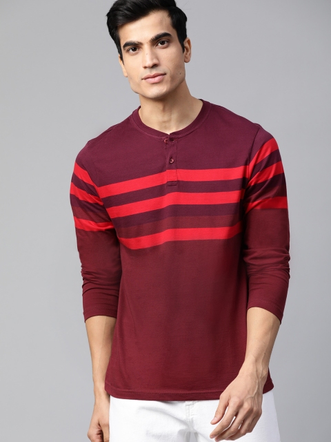 

Roadster Men Maroon Striped Henley Neck Pure Cotton T-shirt