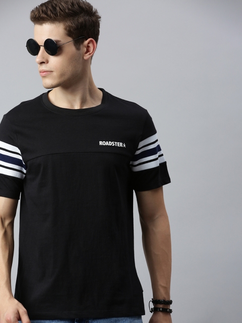 

Roadster Men Black Solid Round Neck Pure Cotton T-shirt with Printed Detailing