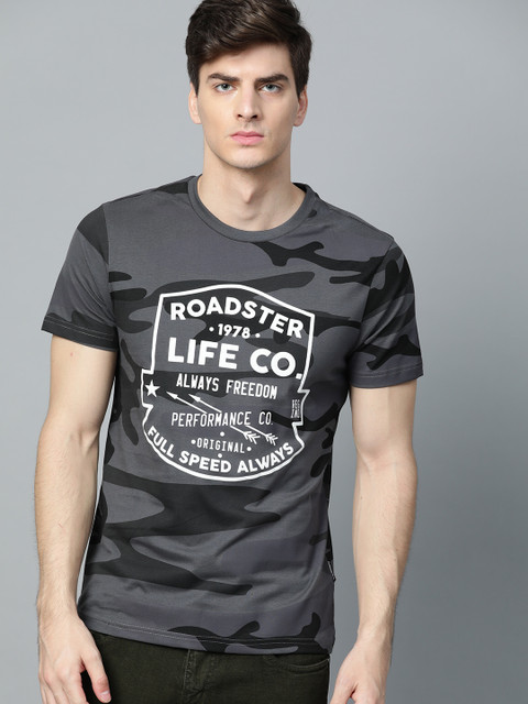 

Roadster Men Charcoal Grey Black Camouflage Printed Round Neck Pure Cotton T-shirt