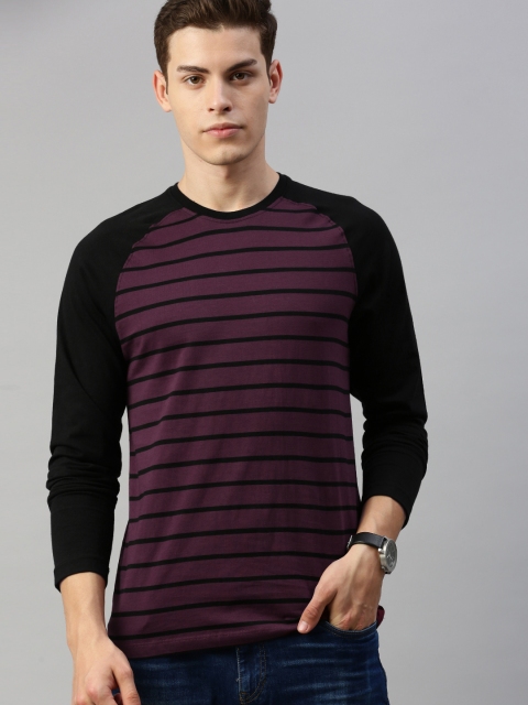 

Roadster Men Burgundy & Black Striped Round Neck T-shirt