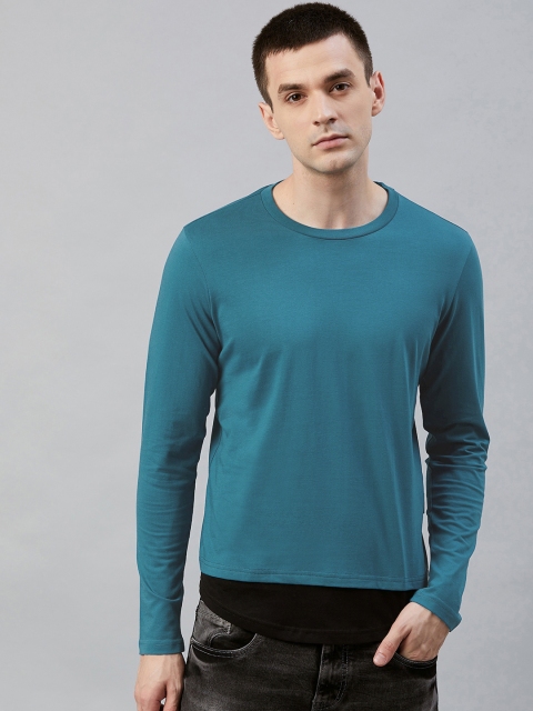 Men Teal Blue Solid Round Neck T-shirt