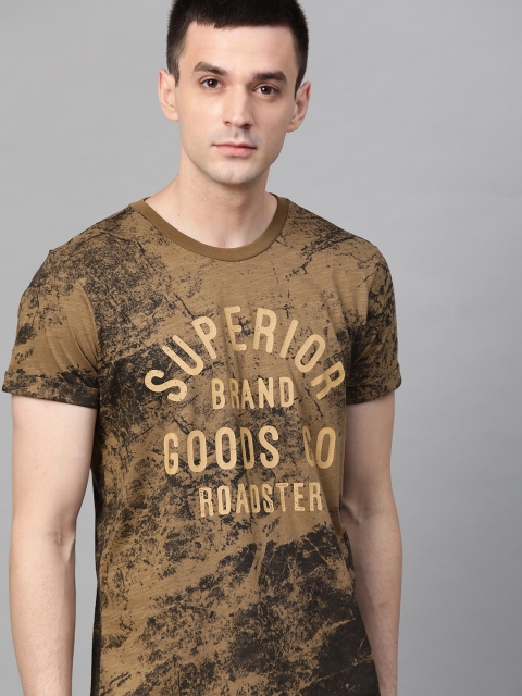 

Roadster Men Olive Brown Printed Round Neck T-shirt