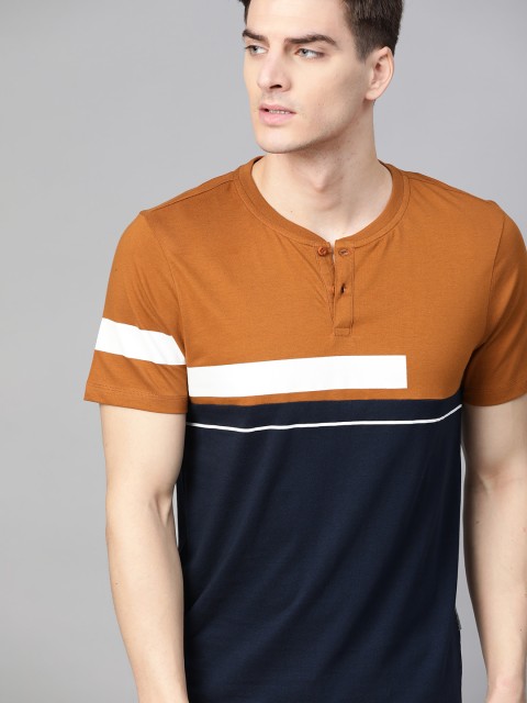 

Roadster Men Mustard Brown & Navy Blue Colourblocked Henley Neck T-shirt