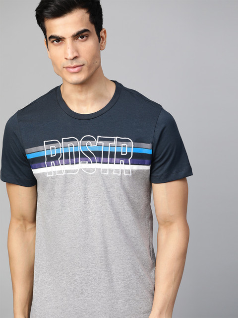 

Roadster Men Grey Melange & Navy Blue Colourblocked Round Neck T-shirt