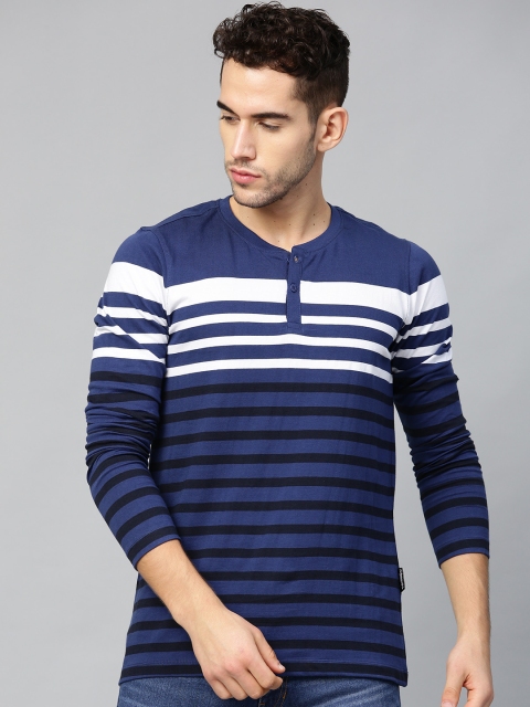 

Roadster Men Blue & White Striped Henley Neck T-shirt