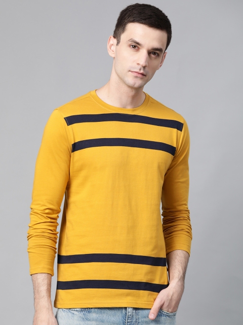 

Roadster Men Mustard Yellow & Navy Blue Striped Round Neck T-shirt