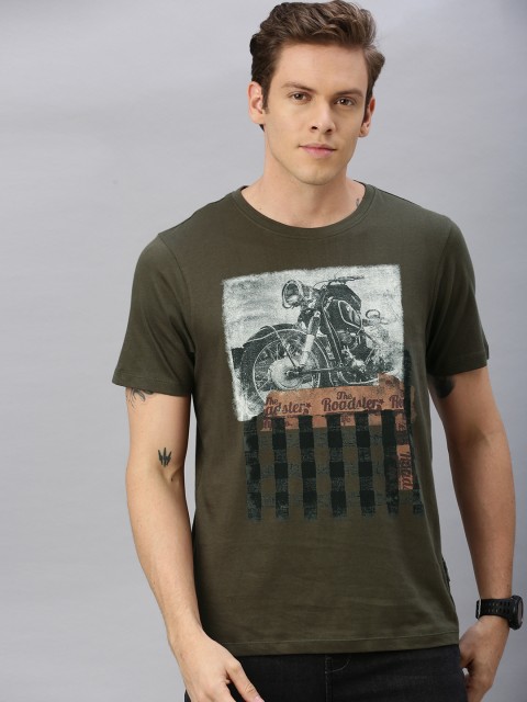 

Roadster Men Olive Green Printed Round Neck T-shirt