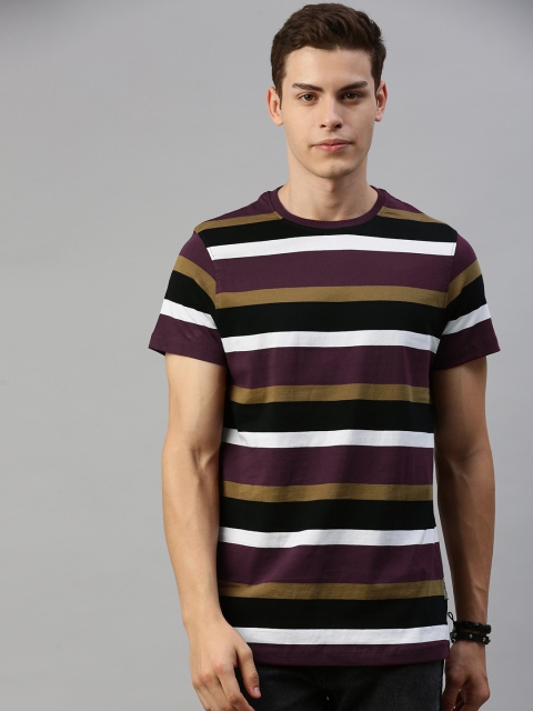

The Roadster Lifestyle Co Men Burgundy White Striped Round Neck Pure Cotton T-shirt