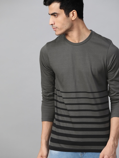 

Roadster Men Charcoal Grey & Black Striped Round Neck T-shirt