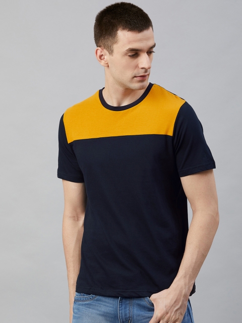 

Roadster Men Navy Blue & Mustard Yellow Colourblocked Round Neck T-shirt