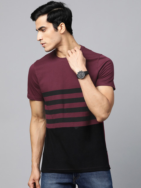 

Roadster Men Purple & Black Striped Round Neck T-shirt