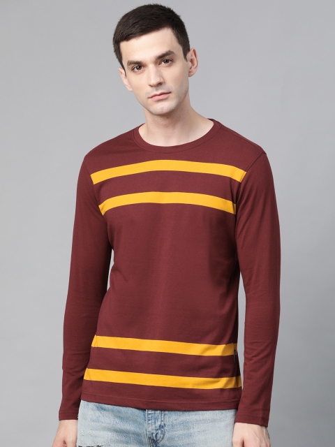 

Roadster Men Maroon & Mustard Yellow Striped Round Neck T-shirt