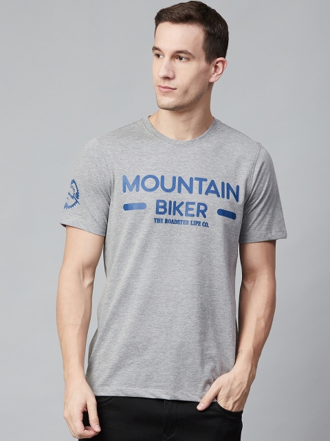 

Roadster Men Grey Melange & Blue Printed Round Neck T-shirt