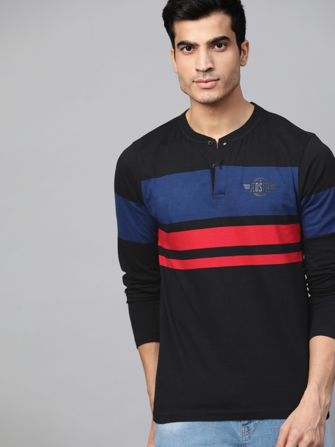 

Roadster Men Black Navy Blue Striped Henley Neck Pure Cotton T-shirt