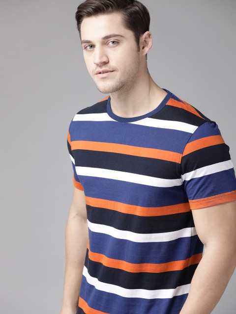 

Roadster Men Blue & White Striped Pure Cotton Round Neck T-shirt