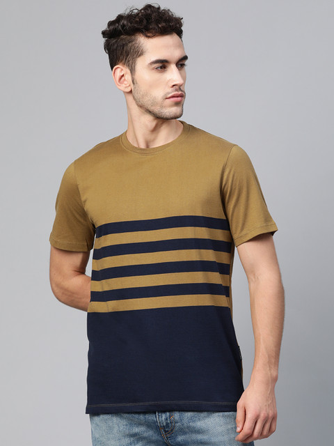

Roadster Men Olive Brown Navy Blue Striped Round Neck Pure Cotton T-shirt