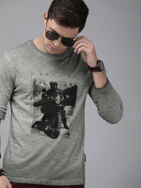 

Roadster Men Grey Printed Round Neck T-shirt