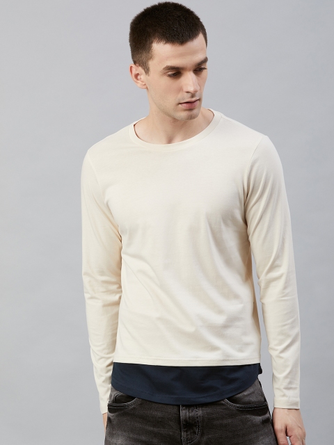 

Roadster Men Cream-Coloured & Navy Blue Solid Round Neck T-shirt