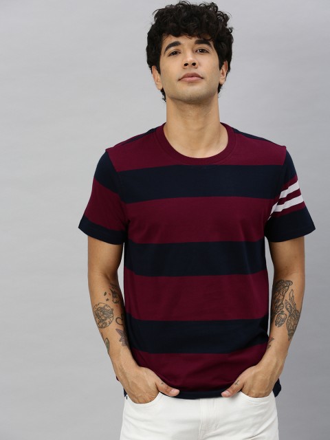 

Roadster Men Burgundy & Navy Blue Striped Round Neck T-shirt