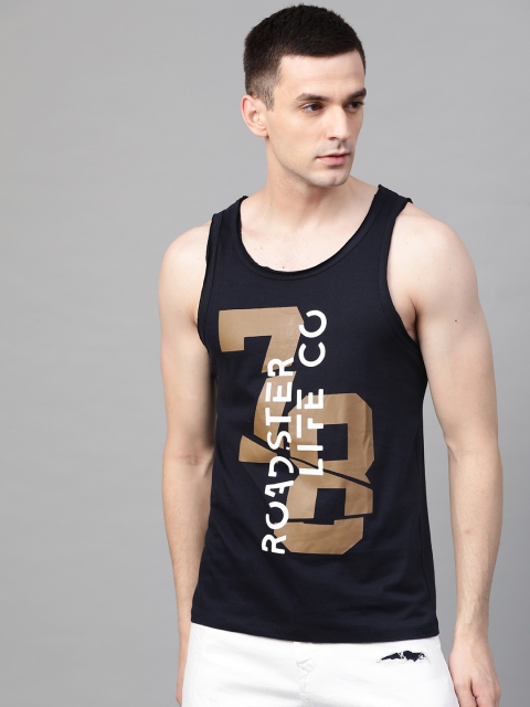 

Roadster Men Navy Blue & Brown Printed Sleeveless Round Neck T-shirt