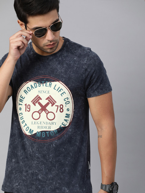 

Roadster Men Navy Blue Laundered Printed Round Neck T-shirt