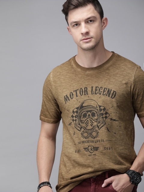

Roadster Men Brown Printed Round Neck Pure Cotton T-shirt