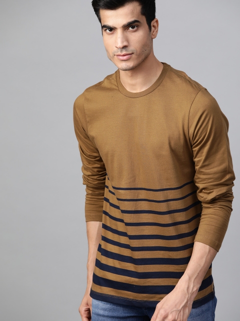 

Roadster Men Olive Brown Striped Round Neck T-shirt