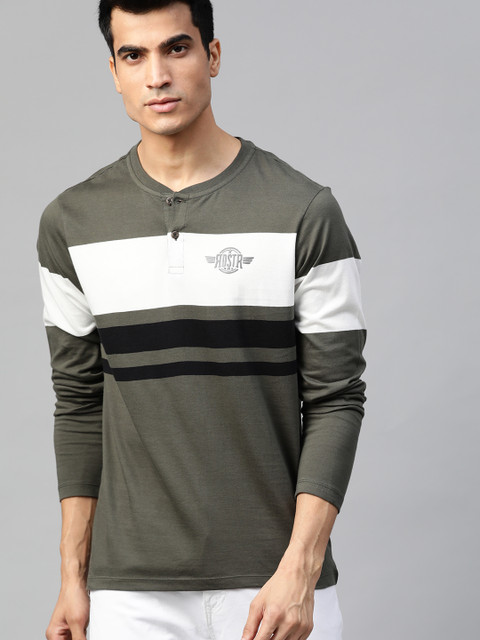 

Roadster Men Olive Green & White Striped Mandarin Collar T-shirt