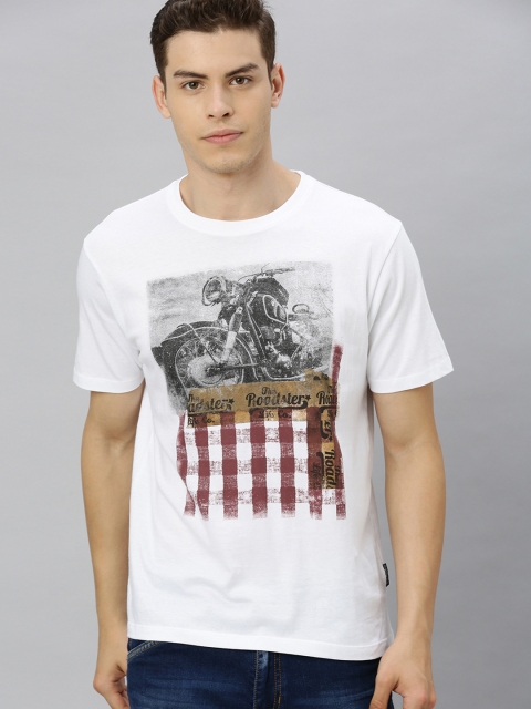

Roadster Men White Printed Round Neck Pure Cotton T-shirt