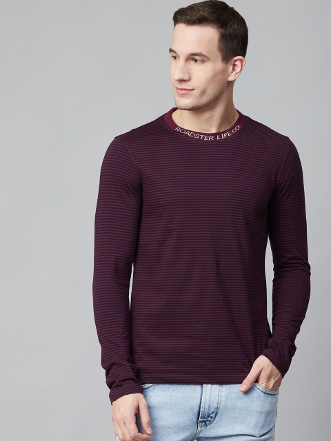 

Roadster Men Burgundy & Navy Blue Striped Round Neck T-shirt