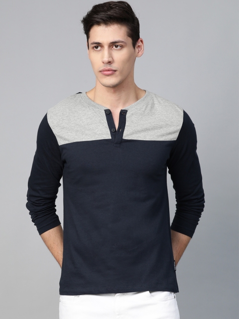 

Roadster Men Navy Blue Colourblocked Henley Neck T-shirt
