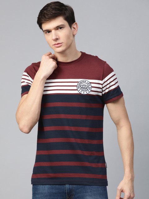 

Roadster Men Maroon & Navy Blue Striped Round Neck T-shirt