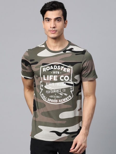 

Roadster Men Olive Green Grey Camouflage Printed Round Neck Pure Cotton T-shirt