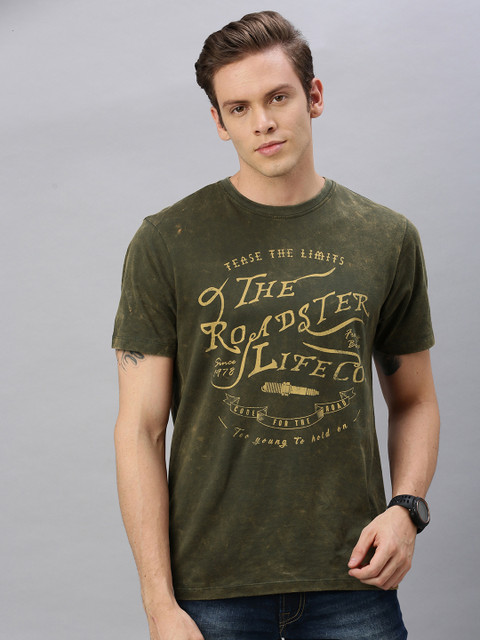 

Roadster Men Olive Green Printed Round Neck T-shirt