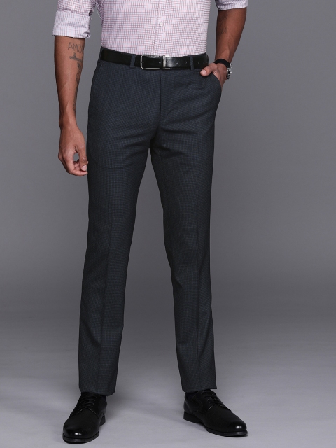 

Raymond Men Black & Navy Blue Slim Fit Self-Checked Formal Trousers