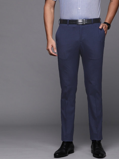 

Raymond Men Navy Blue & Black Slim Fit Checked Formal Flexi Trousers