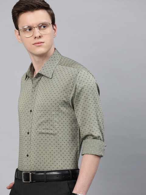 

Raymond Men Olive Green Contemporary Fit Self Design Party Shirt