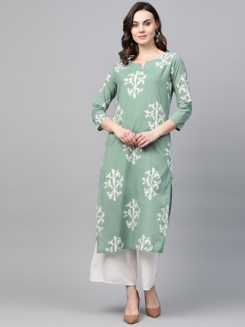 

AHIKA Women Green & White Printed Straight Kurta