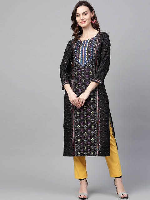 

AHIKA Women Black & Yellow Printed Straight Kurta