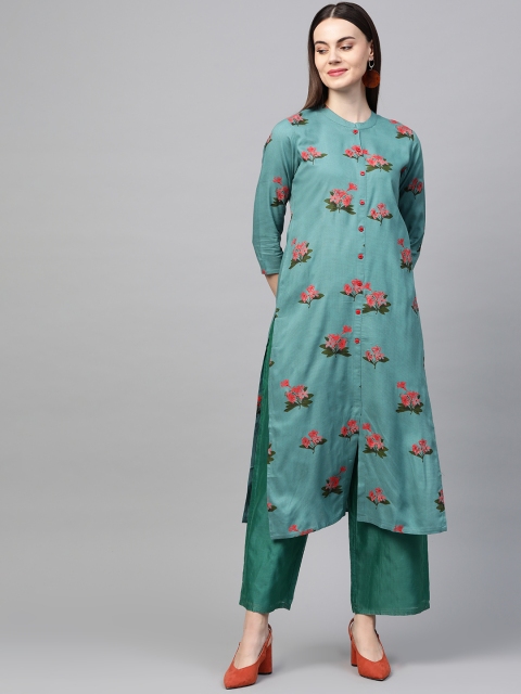 

AHIKA Women Blue & Pink Floral Print Straight Kurta