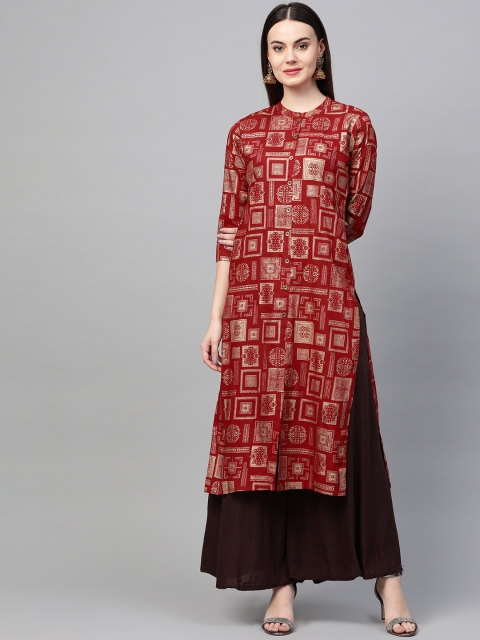 

AHIKA Women Maroon & Golden Printed Straight Kurta