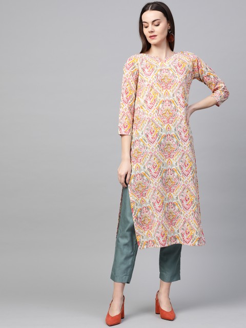 

AHIKA Women White & Mustard Yellow Printed Straight Kurta