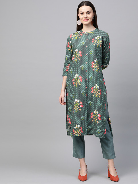 

AHIKA Women Green & Pink Printed Straight Kurta