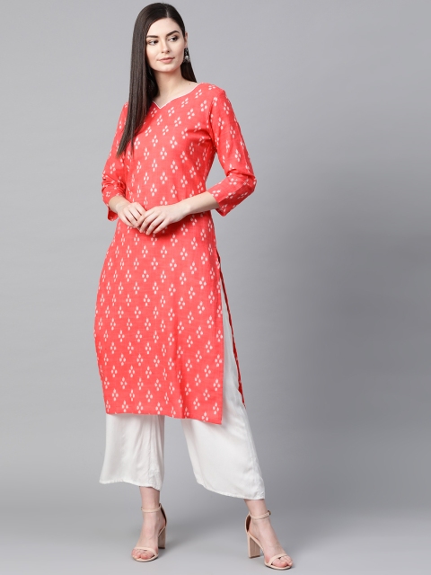 

AHIKA Women Coral Orange & White Printed Straight Kurta