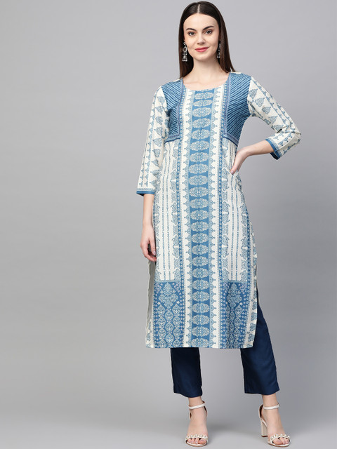 

AHIKA Women Off-White & Blue Printed Straight Kurta