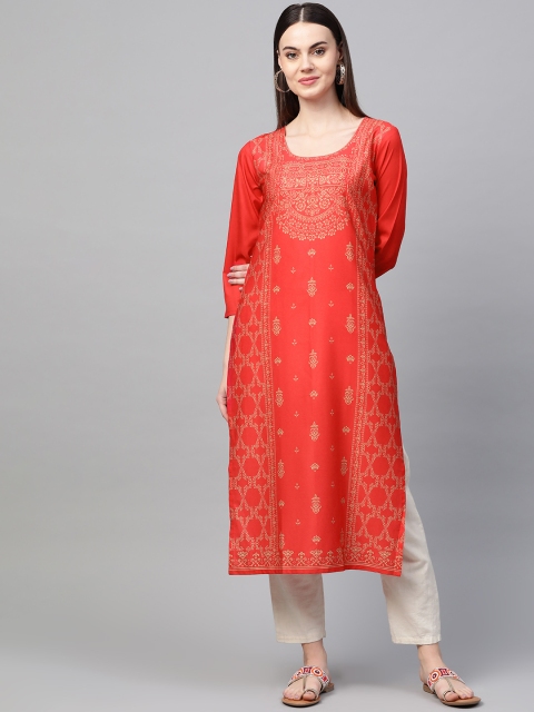 

AHIKA Women Red & Beige Printed Straight Kurta