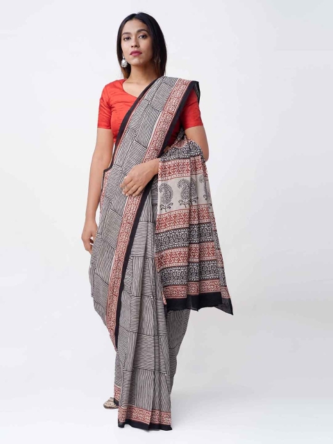 

Unnati Silks Cream-Coloured & Black Pure Cotton Printed Bagru Sustainable Saree