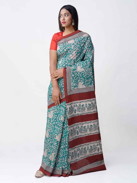 

Unnati Silks Green & Maroon Pure Cotton Printed Bagru Sustainable Saree