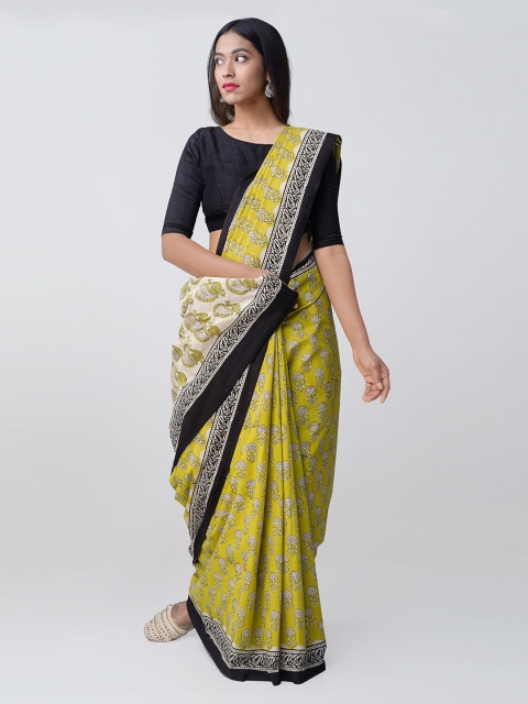 

Unnati Silks Yellow & Black Pure Cotton Printed Bagru Sustainable Saree